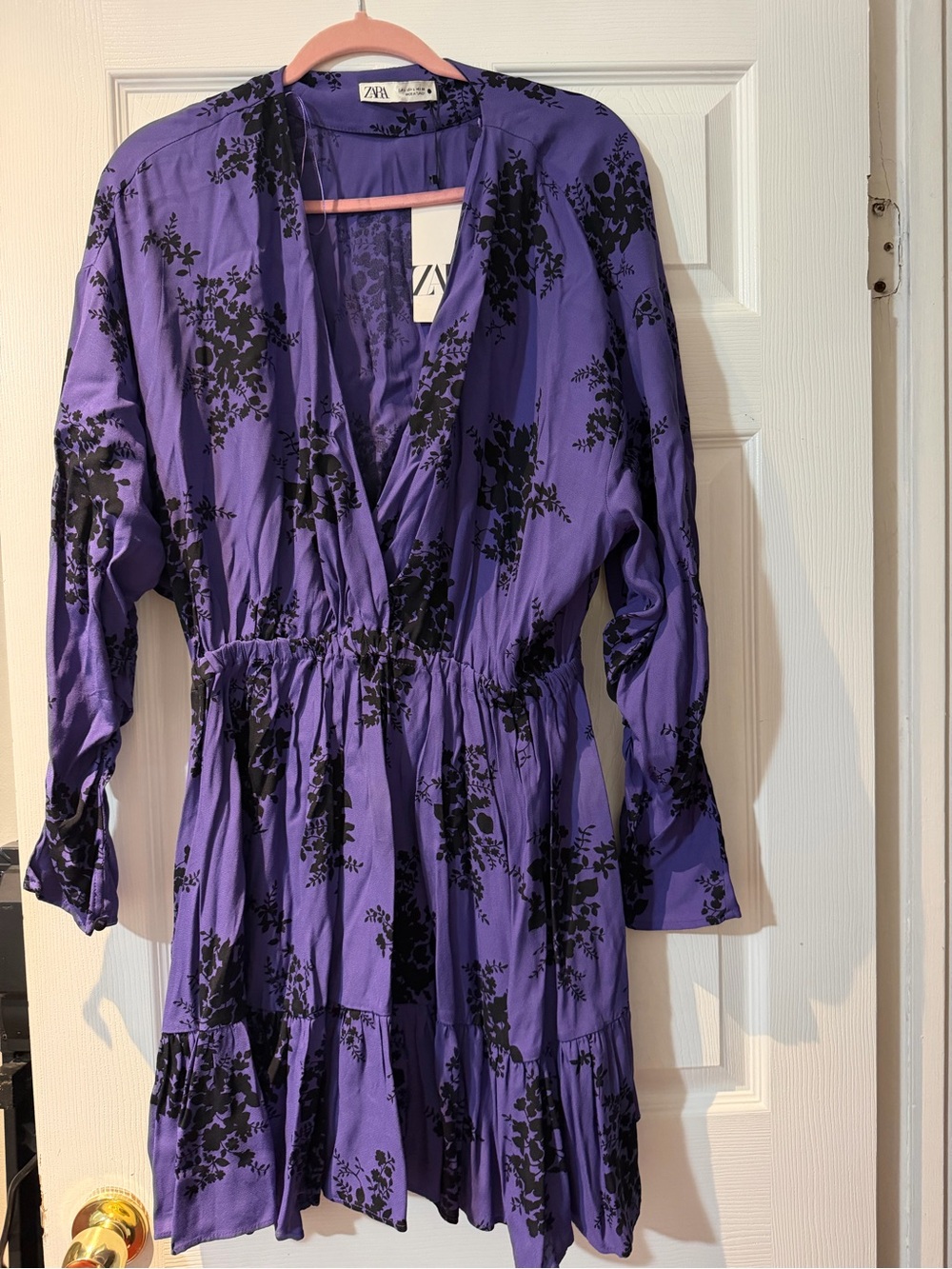 Zara Black Floral Print on Purple V-Neck Tiered Dress